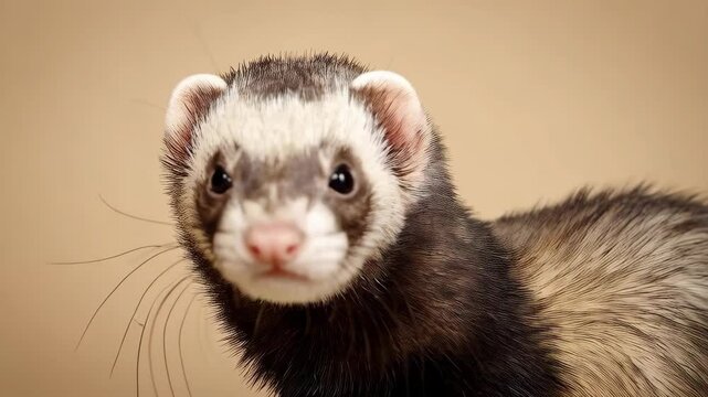 Portrait of a fluffy ferret with white head looking directly at the camera on a soft brown background indoors, studio shot