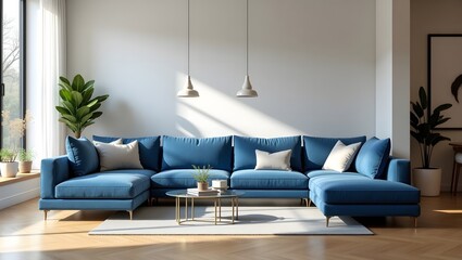 Modern Minimalist Living Room with Blue Sofa, Natural Light, and Contemporary Decor
