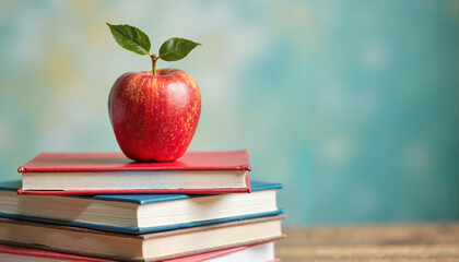 One apple on a stack of books symbolizing the beginning of the academic year