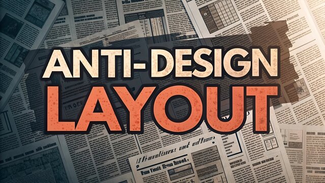 Anti-design layout featuring bold typography and chaotic arrangement of newspaper clippings, showcasing a unique visual style that challenges traditional design principles and aesthetics