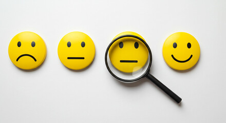 A row of yellow emoji faces with a magnifying glass over the center neutral expression face icon