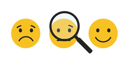 Three yellow emoji faces with different expressions and a magnifying glass in the center face