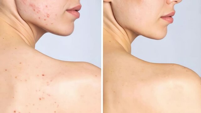 Woman before and after acne treatment showing improved skin clarity, side view, neck, shoulders