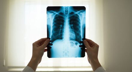 Hands holding chest x-ray toward light cream background, radiographic analysis