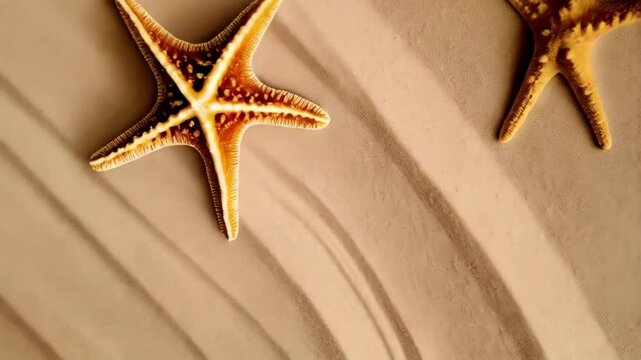 Two beige starfish shells resting on a rippled sand dune pattern in a top-down, warm-toned, and serene beach composition