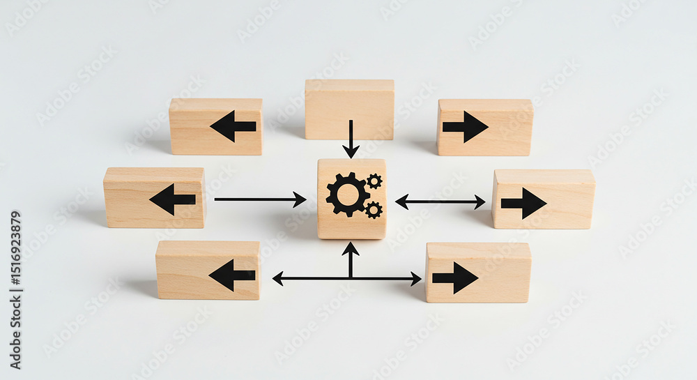 Aufkleber wooden blocks with arrows pointing towards a central block with gear icons on a white background