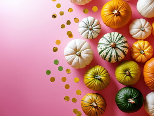 A vibrant top down view of colorful pumpkins in white, orange, green, and yellow, scattered playfully on a bright pink background with shiny gold and green confetti for a festive autumn look.
