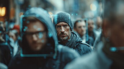 Futuristic City Crowd Surveillance Facial Recognition Technology Digital Overlay Man Walking Urban Street Anonymous Privacy Security System Data Analysis Modern Graphic  