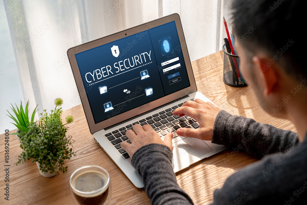Poster cyber security system on computer screen protect private information snugly from hacker and cyber at