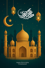 Classic Eid Mubarak Background with Mosque, Crescent Moon & Hanging Lanterns – Dark Green
