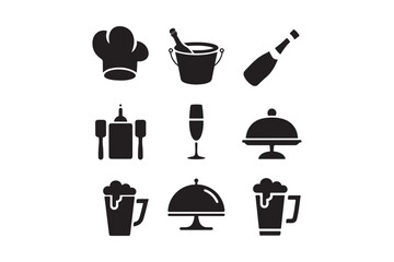 Restaurant Food and Drink Icons Set Chef, Drinks, Dining, Beer, Champagne, Serving