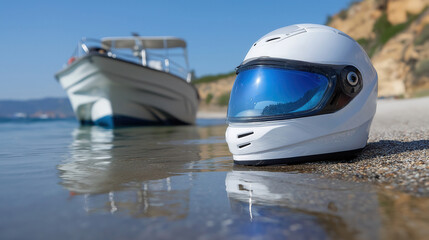 White motorcycle helmet on beach with boat in background under clear blue sky
