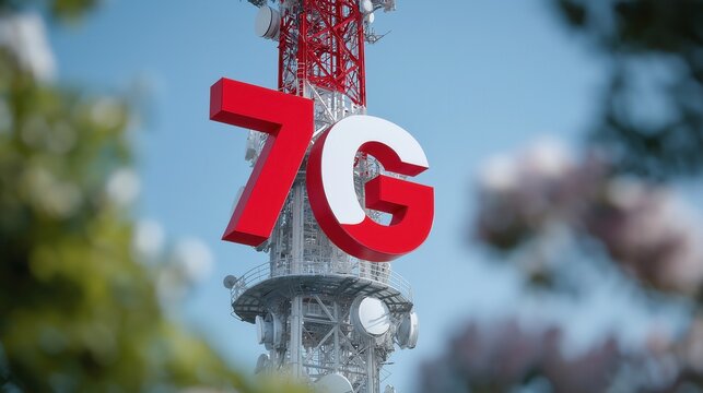 Modern 7g communication tower against blue sky with trees