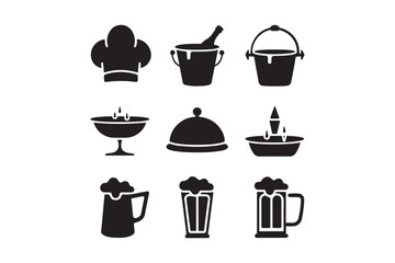 Restaurant Kitchen Icons Set Chef Hat, Beer, Buckets, Serving, Drinks, Dishes, Fountains