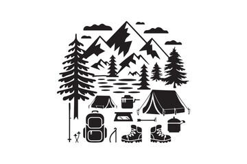 Naklejka premium Mountain Camping Adventure Icon Set Tents, Gear, Nature, Forest, Hiking, Outdoor Scene