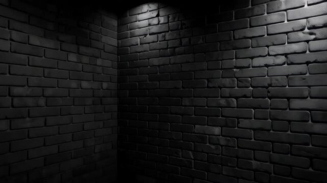 Dark brick wall interior with spotlights illuminating the wall surface creating an underground room atmosphere with tiled floor.