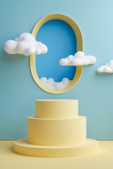 Pastel yellow podium with clouds and blue sky background