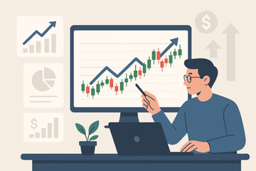 Financial analyst at desk forecasting stock market trends. Investment strategy, data analysis concept. Businessman with computer, candlestick chart, growth arrow. Finance expert.