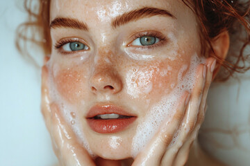 Woman washing face foamy cleanser glowing freckled skin