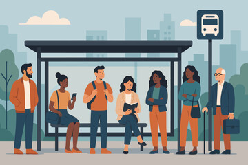 Urban bus stop scene with diverse people waiting for public transportation. City commuters, passengers standing and sitting. Modern flat vector illustration of a daily transit routine.