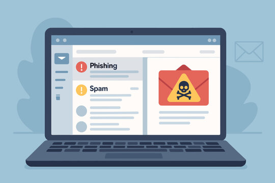 Laptop screen displaying email interface with prominent phishing and spam warnings. Cybersecurity concept: online scam, malware alert, internet safety, cybercrime protection.