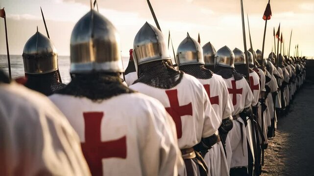 Crusaders marching in formation, wearing helmets and white robes emblazoned with red crosses, carrying spears into battle.