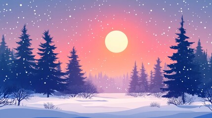 Winter Sunset in Pine Forest