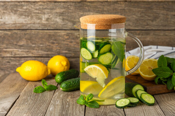 Cucumber water with lemon, lime and mint on a wooden table. Water infused with sliced...