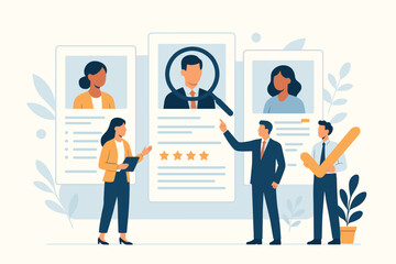 Staff selection, human resources. Business team recruiting employee. Candidate resume review, job interview. Talent acquisition concept, HR hiring process. Workforce search vector.