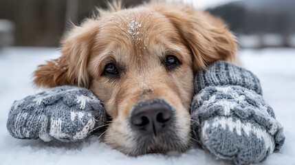 An adorable golden retriever rests its head on snow-covered mittens, evoking a playful and heartwarming winter moment that celebrates the joy of pets in cold weather