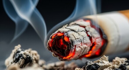 Close-up of a burning cigarette with glowing ember and rising smoke