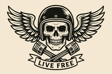 Biker skull emblem vector. Vintage motorcycle tattoo design with winged helmet, crossed pistons & "Live Free" banner. Retro chopper rider art. Freedom symbol graphic illustration.