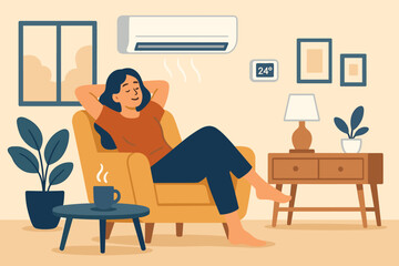 Woman relaxing in comfortable armchair in modern living room. Air conditioning cooling. Person enjoying quiet leisure time at home. Cozy interior scene. Vector illustration. Peaceful lifestyle.
