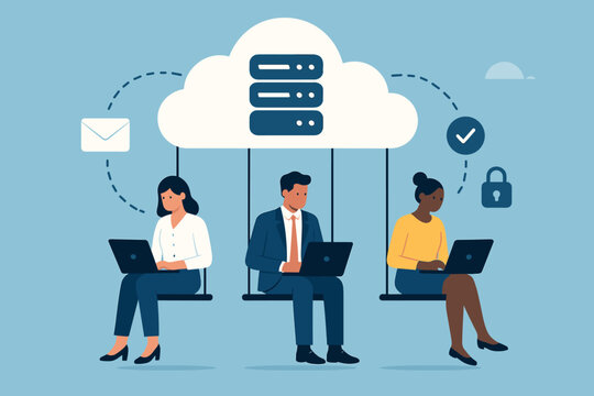 Remote work concept with diverse team on laptops, cloud computing & data server. Business people on swings, symbolizing flexibility, online collaboration & digital nomad lifestyle.