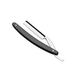 An ultra realistic UHD photo of a polished straight razor with clear contours, slightly high angle shot on a clean white plain isolated background with no shadows, concept for grooming product