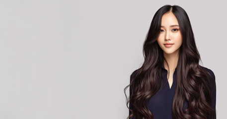 Fototapeta premium Elegant woman with long wavy hair in studio