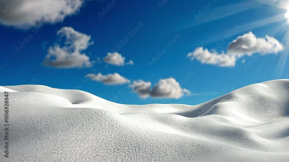 Poster skyline whispers: a tranquil snowscape merges with a brilliant blue canvas, adorned with fluffy clou