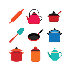 Colorful Kitchen Utensil and Cookware Icons Pots, Pans, Kettle, Rolling Pin