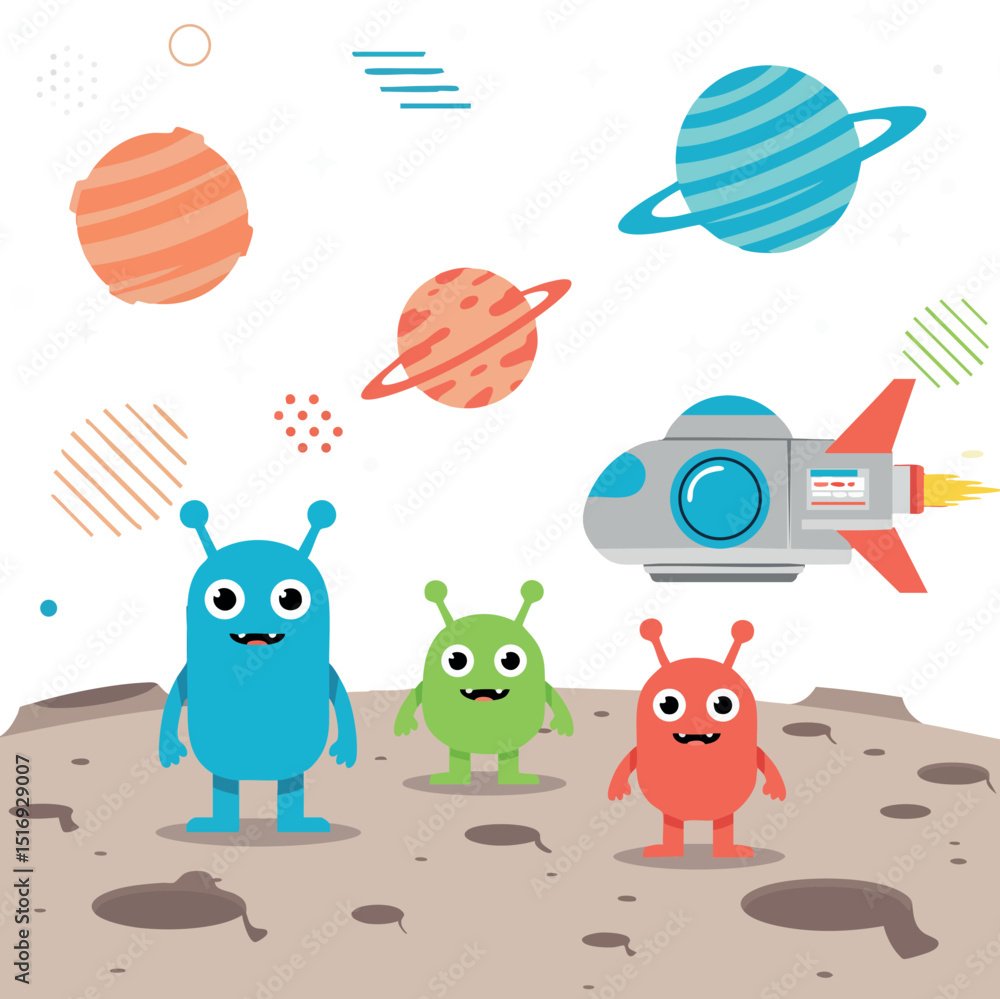 Poster alien characters with rocket spaceship on planet surface and colorful planets in background vector i