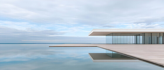 Fototapeta premium Modern Minimalist Waterfront Building With Glass Walls