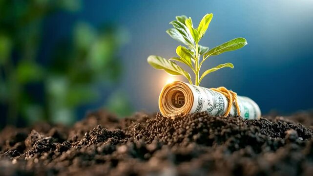 Financial Growth Symbol: A vibrant new sprout unfurls from a rolled stack of money buried in rich soil, symbolizing the potential for financial growth, investment, and prosperity.