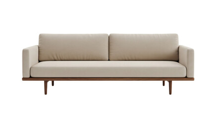 Beige modern sofa with wooden frame on transparent background
