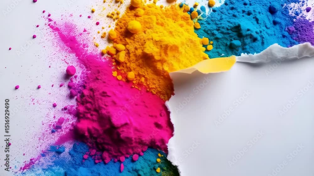 Poster abstract vibrant colored powder exploding around blank torn paper on white backdrop for message over