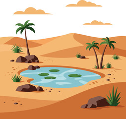 Desert oasis landscape with palm trees water and rocks natural dry environment vector illustration 