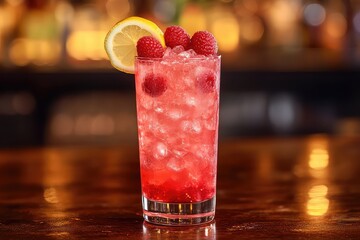 A refreshing glass of raspberry lemonade, garnished with fresh raspberries and a lemon slice