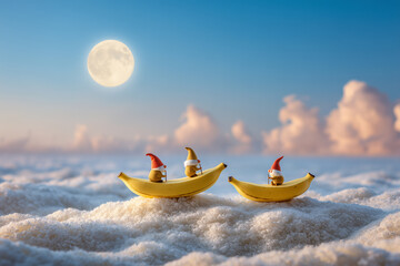 Gnome-like Characters Enjoying a Whimsical Boat Ride on Bananas Under the Bright Moonlight