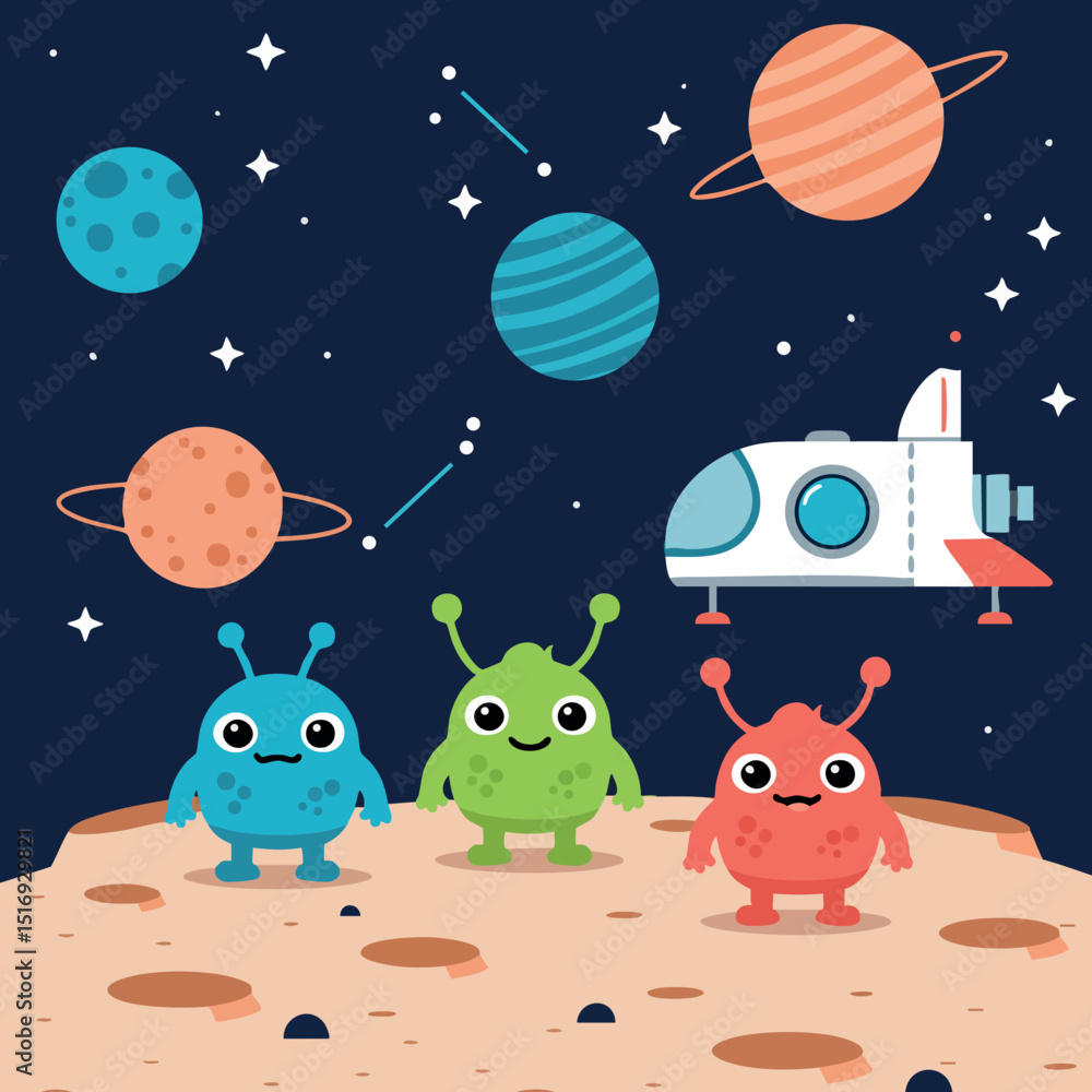 Poster cute alien creatures on moon with spaceship and colorful planets in space vector illustration