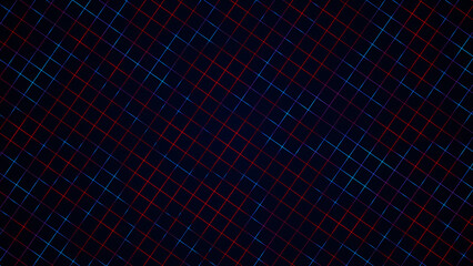 Blue and red glowing diagonal grid lines forming a crosshatch pattern on dark background, digital mesh style.