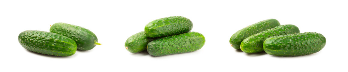 Cucumber isolated on white background. Slice of cucumber on white background. Fresh organic green cucumbers. Vegan. Ingredient for salad. Farm vegetables.