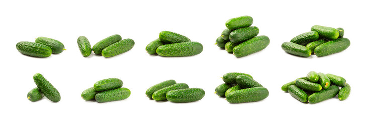 Cucumber isolated on white background. Slice of cucumber on white background. Fresh organic green cucumbers. Vegan. Ingredient for salad. Farm vegetables.